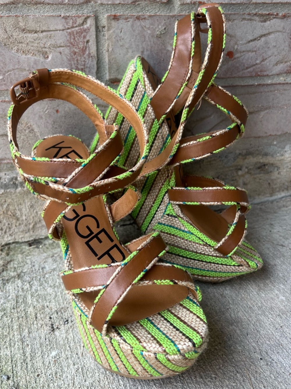Kelsi Dagger Brown Leather & Neon Green Striped Wedge Sandals